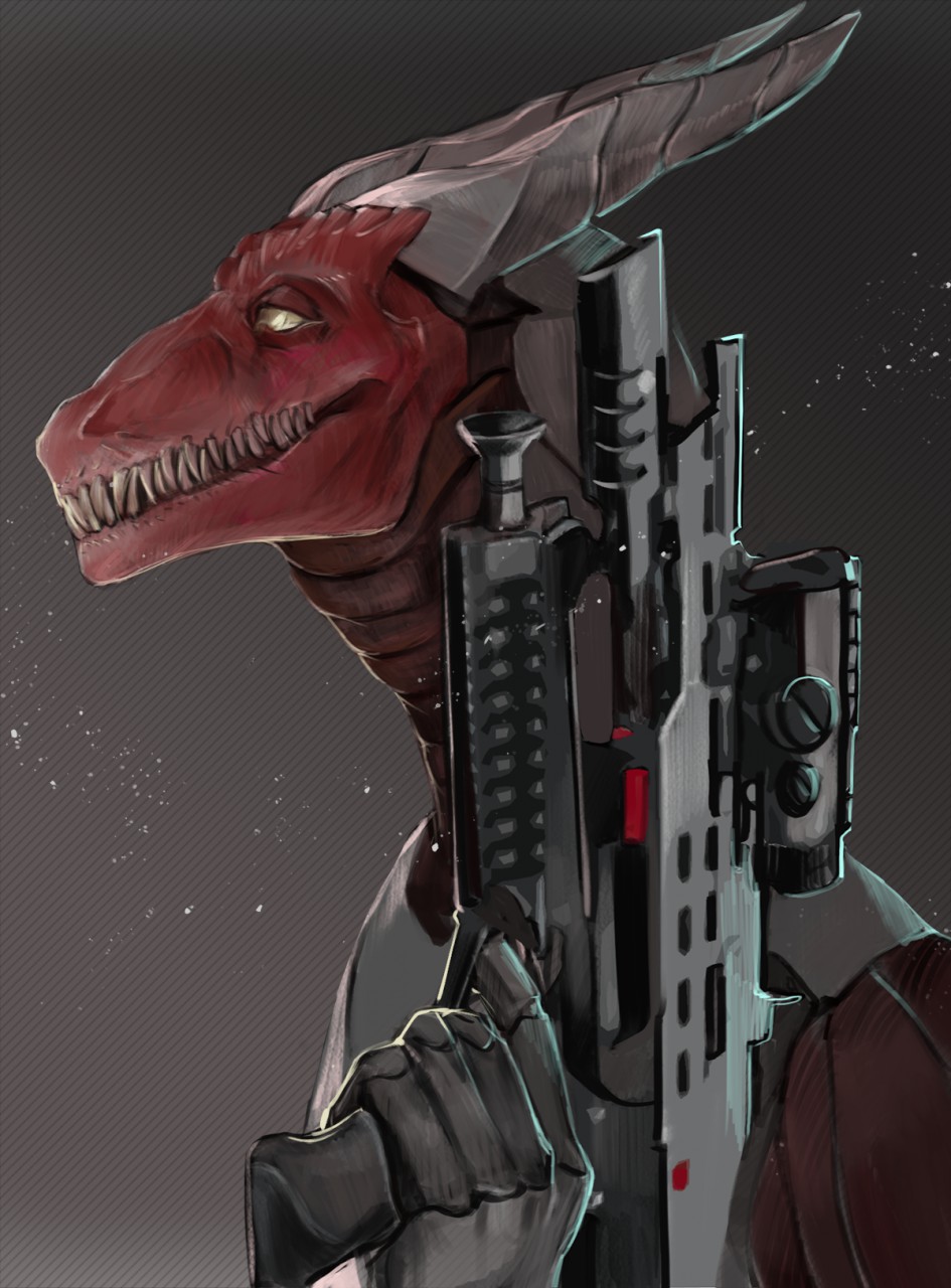 2020 akrolayn anthro armor brown_background brown_neck brown_sclera bust_portrait cybernetics digital_media_(artwork) digital_painting_(artwork) grey_horn gun hi_res holding_gun holding_object holding_weapon horn machine male portrait ranged_weapon red_body red_scales reptile rotface_(ionic-axiom) scales scalie sharp_teeth side_view simple_background solo teeth weapon yellow_eyes