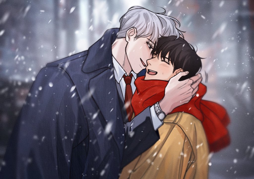 2boys arms_around_neck black_eyes black_hair blue_coat blurry blurry_background blush city closed_eyes coat collared_coat haebo ilay_riegrow jeong_taeui long_sleeves male_focus multiple_boys necktie open_mouth passion_(manhwa) red_necktie red_scarf scarf smile snowing upper_body watch white_hair wristwatch yaoi yellow_coat