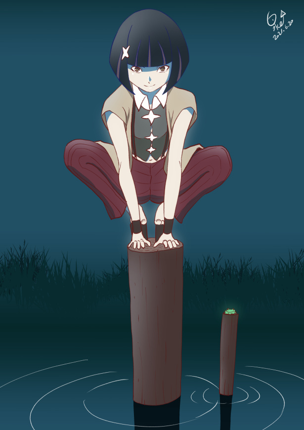 1girl all_fours artist_name black_footwear black_hair black_shirt black_wristband blue_background blunt_bangs bob_cut brown_eyes brown_shirt closed_mouth collared_shirt commentary cropped_shirt dated frog full_body gradient_sky grass hair_ornament hairclip head_down huumoon kagenui_yozuru looking_at_viewer midriff midriff_peek monogatari_(series) multicolored_hair navel night on_top_of_pole open_clothes open_shirt outdoors overshirt pale_skin pants platform_footwear pond red_hair ripples shaded_face shirt shoes short_hair short_sleeves signature sky smile solo spread_legs squatting streaked_hair striped suspenders toeless_footwear toes two-tone_shirt vertical_stripes water white_shirt wide_spread_legs