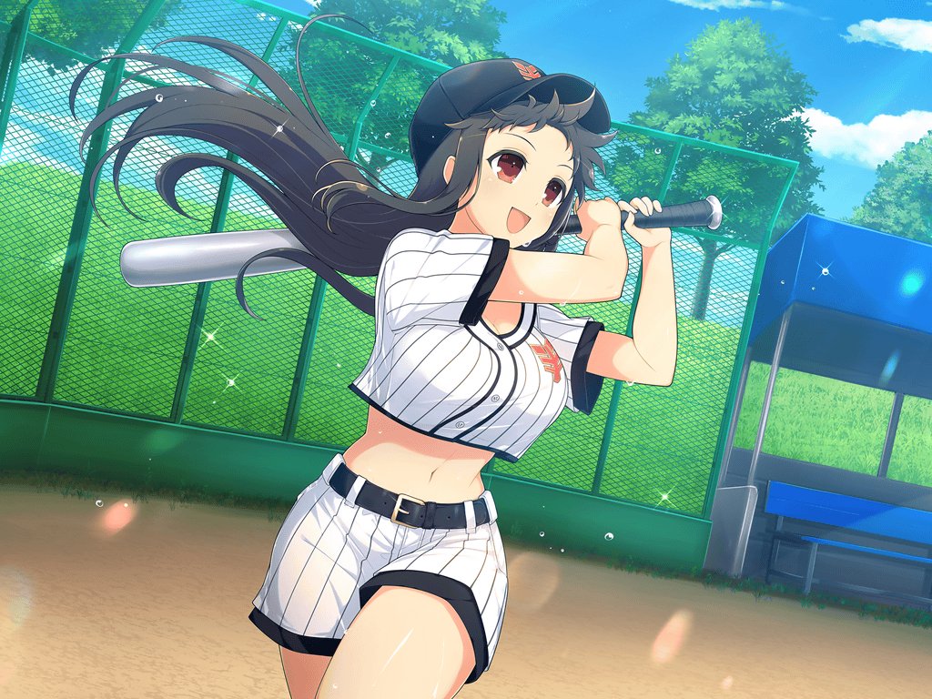 1girl :d ayame_(senran_kagura) baseball baseball_bat baseball_cap baseball_jersey baseball_stadium baseball_uniform belt belt_buckle bench black_belt black_hair blue_sky blush breasts buckle chain-link_fence cleavage cloud crop_top crop_top_overhang day fence field flying_sweatdrops grass hat holding holding_baseball_bat large_breasts lens_flare light_particles linea_alba long_hair metal_baseball_bat midriff navel official_alternate_costume official_art open_mouth outdoors over_shoulder plant playing_sports red_eyes school_emblem senran_kagura senran_kagura_new_link senran_kagura_new_wave shiny_skin short_shorts short_sleeves shorts sky smile solo sparkle sportswear standing stomach sweat swinging tree white_shorts yaegashi_nan