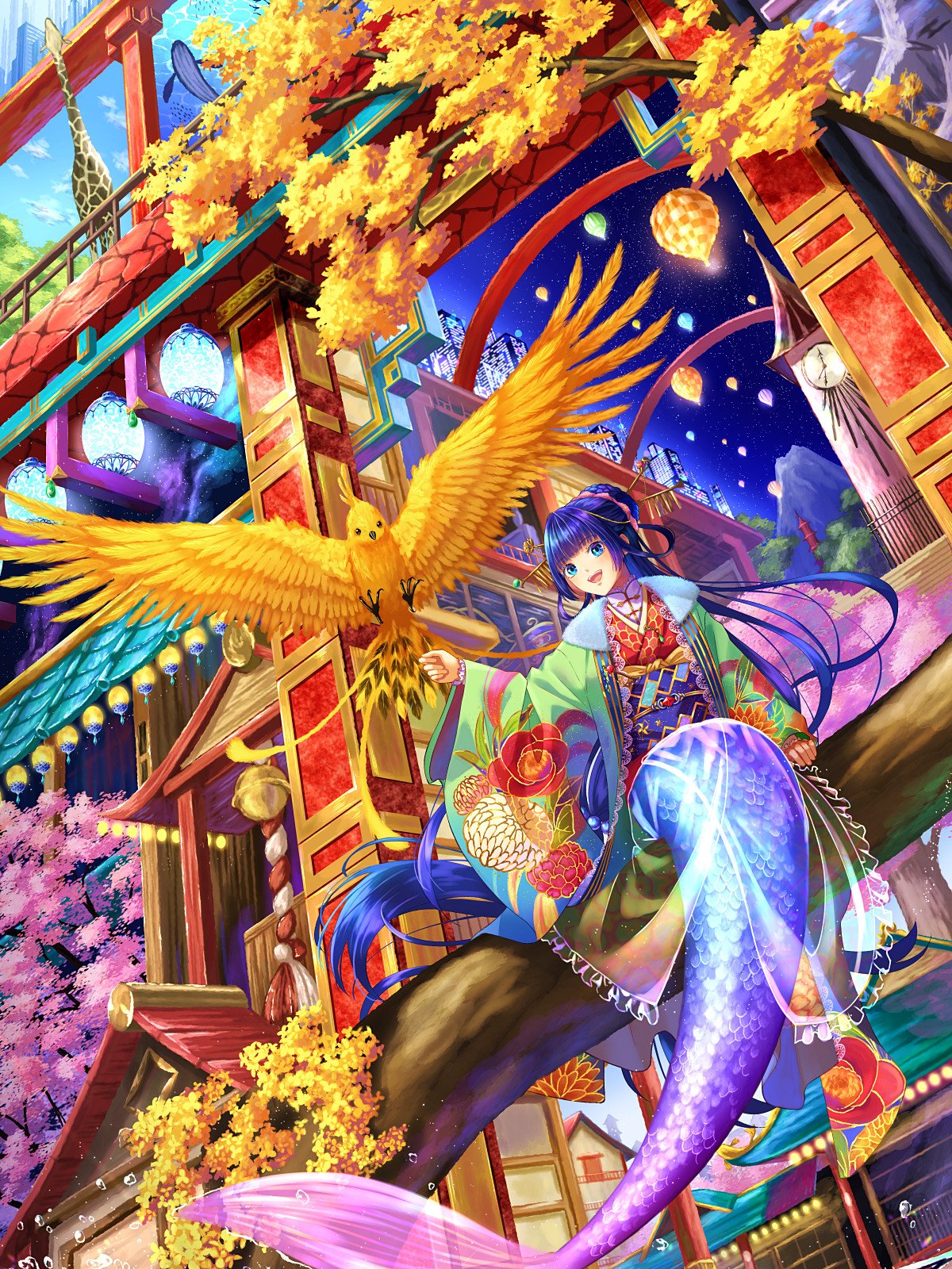 1girl aircraft bird blue_eyes blue_hair blunt_bangs camellia_print cherry_blossoms chrysanthemum_print cityscape clock clock_tower cloud commentary_request day dutch_angle floral_print full_body fur-trimmed_kimono fur_trim gate giraffe gradient_tail green_kimono hair_bun hair_ornament hair_stick highres hot_air_balloon in_tree japanese_clothes kimono lantern long_hair looking_at_viewer mermaid minatsu_yui monster_girl mountain night obi original outstretched_arm paper_lantern phoenix print_kimono red_kimono rope sash scales see-through shimenawa sidelocks single_hair_bun sitting sitting_in_tree smile split_tail surreal tortoise tower tree turtle underwater water whale