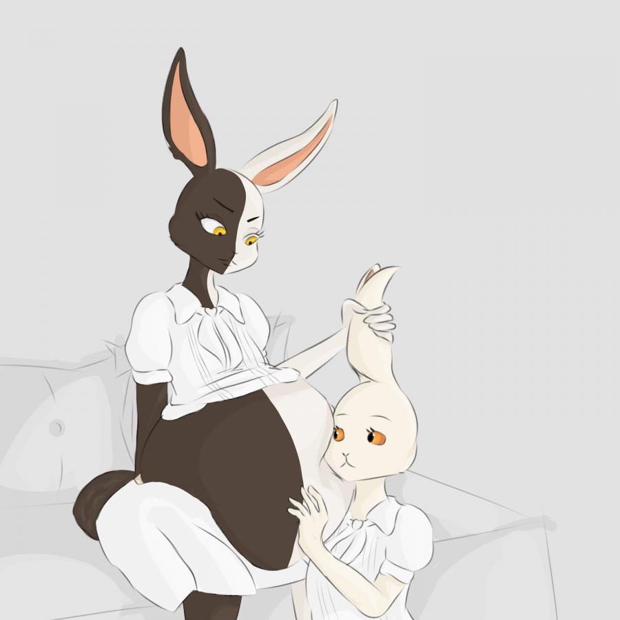 abdominal_bulge anthro ashantihyena beastars belly belly_rub big_belly bully bullying clothing domestic_rabbit duo female female/female harlequin_rabbit haru_(beastars) holding_both_ears humanoid lagomorph leporid mammal mizuchi_(beastars) oral_vore oryctolagus rabbit safe_vore school_uniform uniform vore