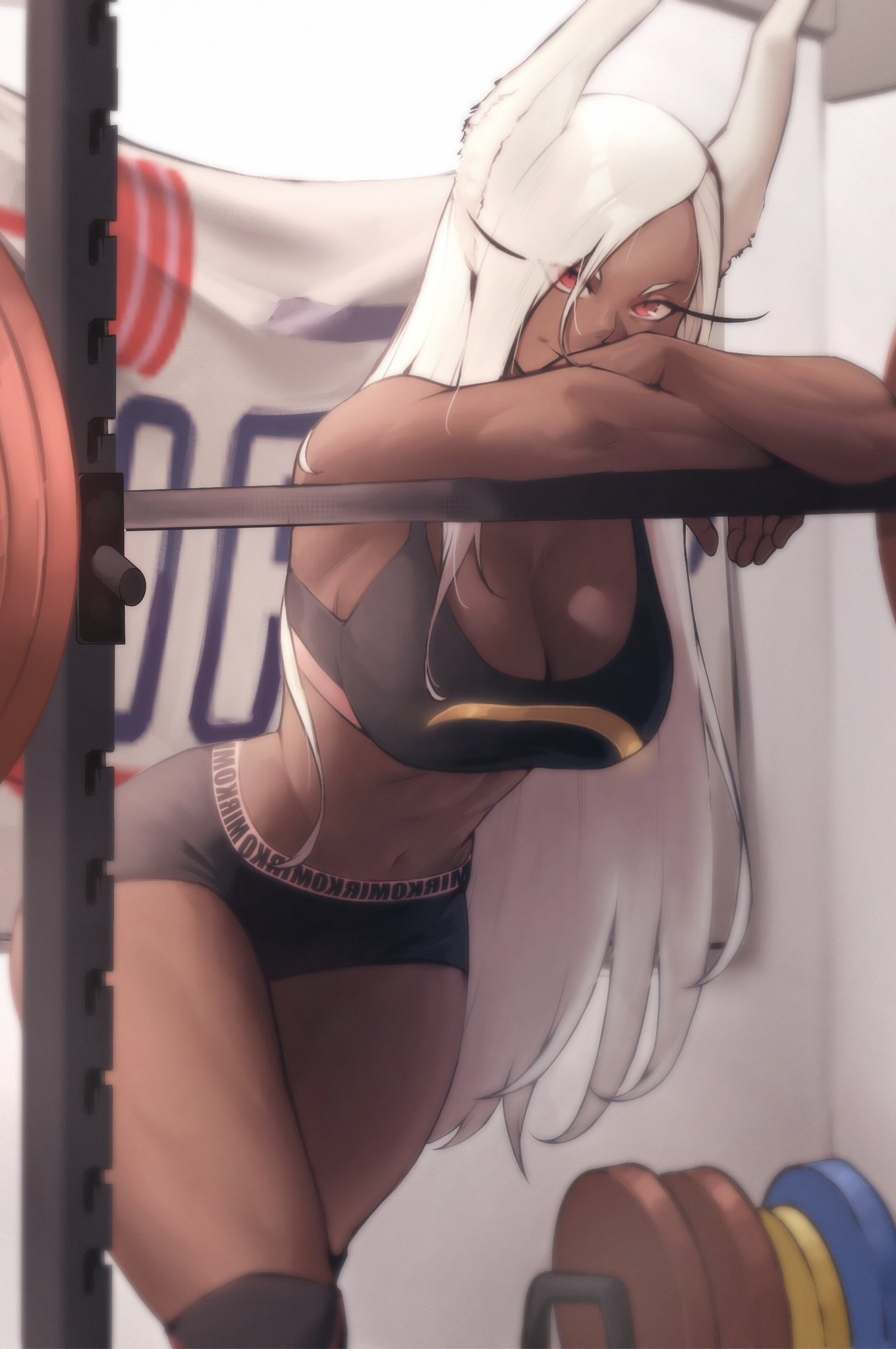 1girl animal_ears arm_support barbell bike_shorts black_shorts black_sports_bra boku_no_hero_academia breasts cleavage dark-skinned_female dark_skin dumbbell gym highres large_breasts leaning_forward long_eyelashes long_hair looking_at_viewer midriff mirko navel rabbit_ears rabbit_girl red_eyes shorts smile solo sports_bra toned white_hair zukululuu