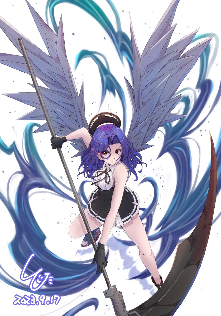 1girl black_gloves black_skirt breasts collared_shirt dated feathered_wings gloves glowing glowing_eyes hair_intakes halo headgear high-waist_skirt highres holding holding_weapon kantai_collection large_breasts ld_(luna_dial398) mechanical_halo medium_hair pleated_skirt purple_eyes purple_hair scythe shirt skirt sleeveless sleeveless_shirt smile solo tatsuta_(kancolle) tatsuta_kai_ni_(kancolle) weapon white_shirt wings