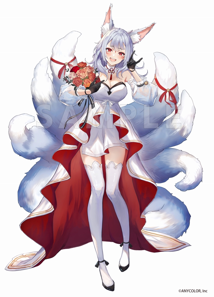 1girl animal_ear_fluff animal_ears bare_shoulders black_gloves blue_footwear blush bouquet breasts bride cleavage detached_collar detached_sleeves dress extra_ears flower fox_ears fox_girl fox_shadow_puppet fox_tail full_body gloves grey_hair haru_(hiyori-kohal) high-low_skirt holding holding_bouquet large_breasts long_hair long_sleeves looking_at_viewer multiple_tails nijisanji nijisanji_en nina_kosaka official_alternate_costume official_art open_mouth red_dress red_eyes sample_watermark see-through see-through_sleeves shirt_under_dress short_eyebrows smile solo strapless strapless_dress strappy_heels tail teeth thighhighs two-sided_dress two-sided_fabric upper_teeth_only virtual_youtuber wedding_dress white_dress white_thighhighs