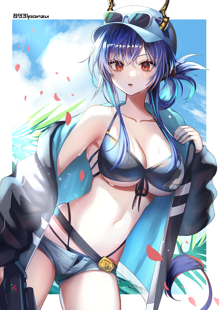 1girl arknights armpits bare_shoulders baseball_cap belt bikini black_jacket blue_bikini blue_hair breasts ch'en_(arknights) ch'en_the_holungday_(arknights) cleavage collarbone cowboy_shot dragon_horns elite_ii_(arknights) eyewear_on_headwear folded_ponytail front-tie_bikini_top front-tie_top hakusai_ponzu halterneck hat highleg highleg_bikini horns horns_through_headwear jacket large_breasts long_hair long_sleeves looking_at_viewer micro_shorts multi-strapped_bikini navel off_shoulder open_clothes open_fly open_jacket open_mouth puffy_sleeves red_eyes shorts skindentation solo stomach string_bikini sunglasses swimsuit tail thighs wet white-framed_eyewear white_headwear white_shorts