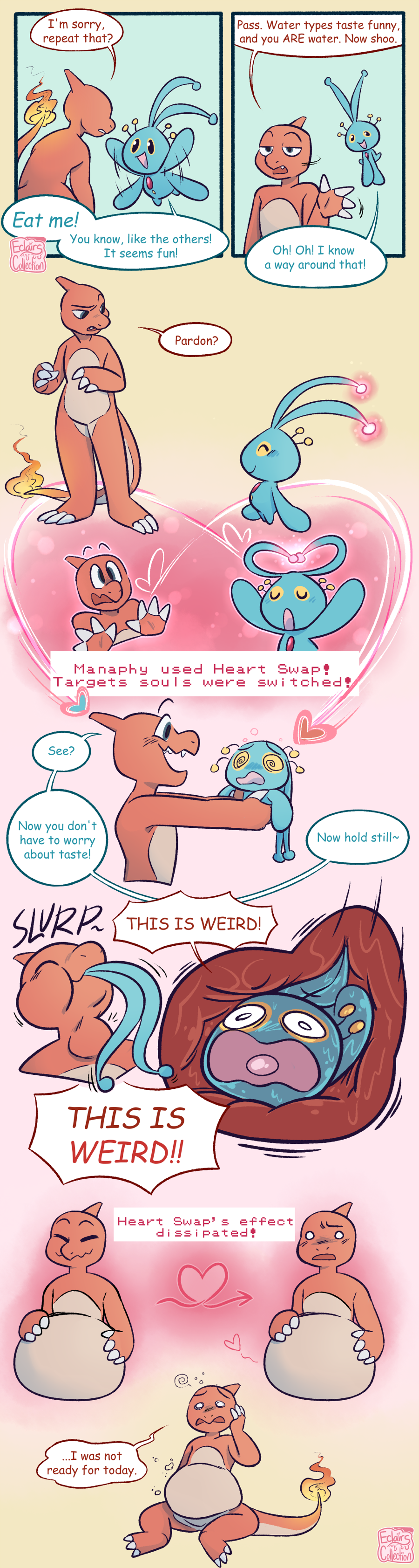 &lt;3 abdominal_bulge absurd_res ambiguous_gender anthro body_swap charmeleon comic dazed dialogue digestion duo eclairscollection fatal_vore generation_1_pokemon generation_4_pokemon hand_on_head hi_res internal legendary_pokemon manaphy neck_bulge nintendo oral_vore partially_inside pokemon pokemon_(species) pokemon_move role_reversal sitting sitting_on_ground soft_vore sound_effects speech_bubble surprised_expression unwilling_pred unwilling_prey vore weight_gain willing_prey