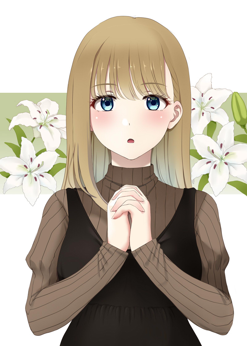 1girl black_dress blue_eyes brown_hair brown_sweater commentary_request dress floral_background flower interlocked_fingers kozue_akari long_hair looking_at_viewer original own_hands_clasped own_hands_together ribbed_sweater sleeveless sleeveless_dress solo sweater upper_body white_background white_flower