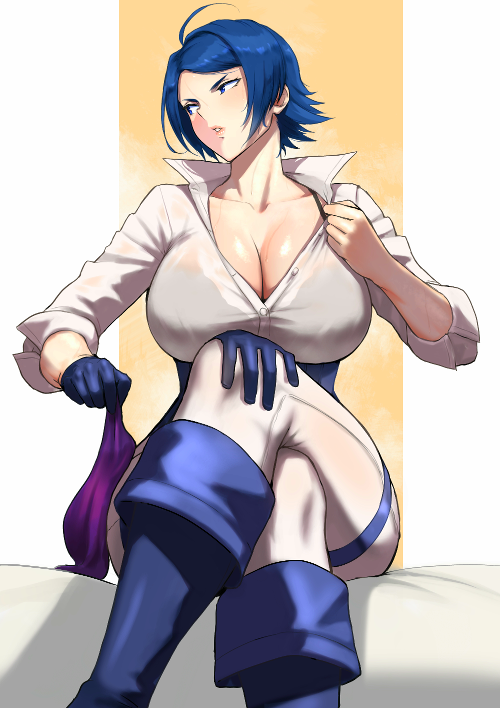 1girl ahoge anagumasan ascot blue_eyes blue_hair boots bra_strap breasts cleavage cleavage_cutout closed_mouth clothing_cutout elisabeth_blanctorche gloves highres large_breasts long_sleeves looking_to_the_side riding_crop see-through see-through_shirt serious short_hair simple_background solo sweat sweaty_clothes swept_bangs the_king_of_fighters the_king_of_fighters_xv unworn_ascot unworn_gloves upper_body