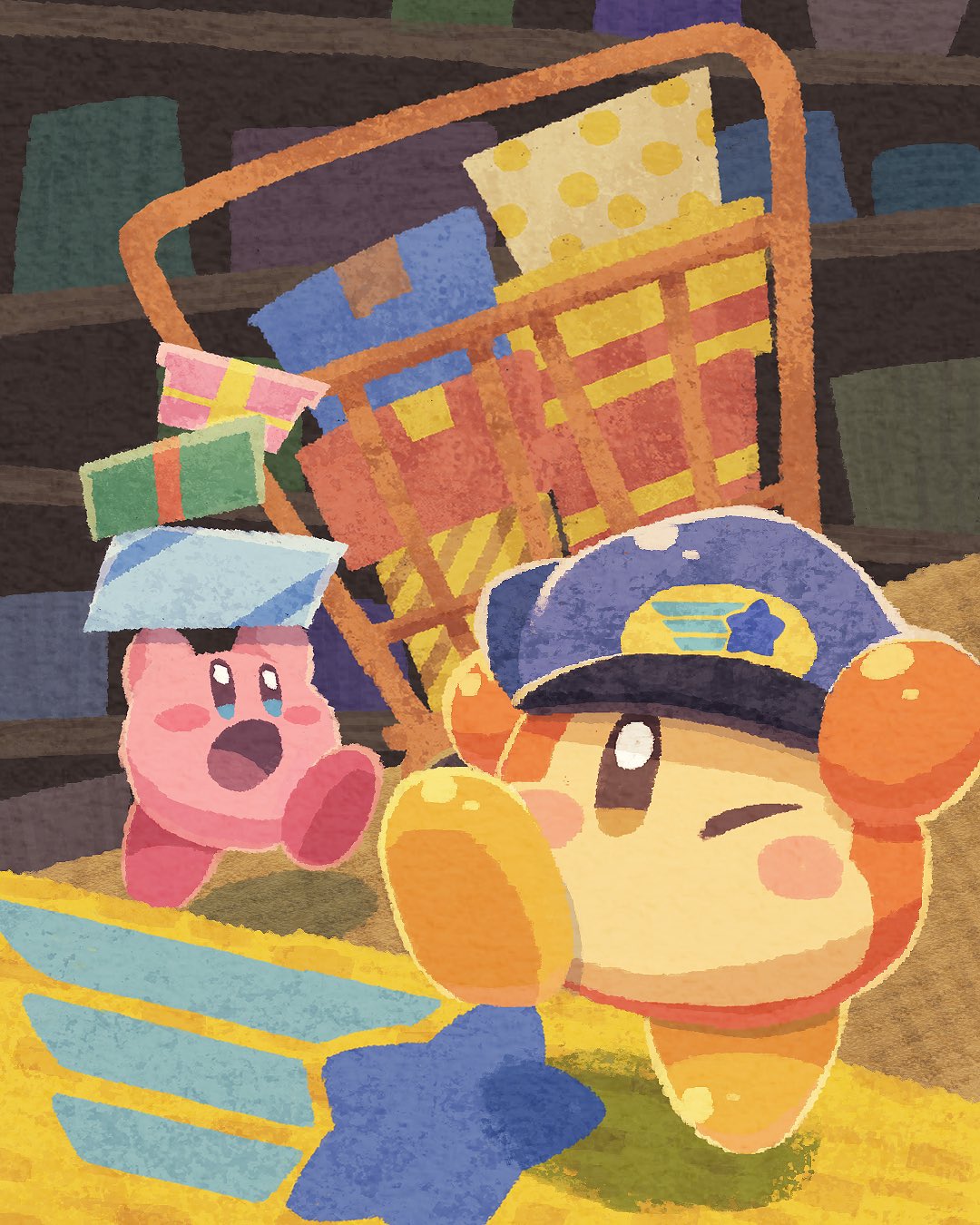 :o blue_eyes blue_headwear blush_stickers box_stack brown_eyes cart colored_skin commentary_request hands_on_headwear hat highres indoors kirby kirby_(series) kirby_and_the_forgotten_land leg_up miclot no_humans no_mouth one_eye_closed open_mouth orange_skin pink_skin red_footwear shadow shelf shoes shooting_star_(symbol) waddle_dee yellow_footwear