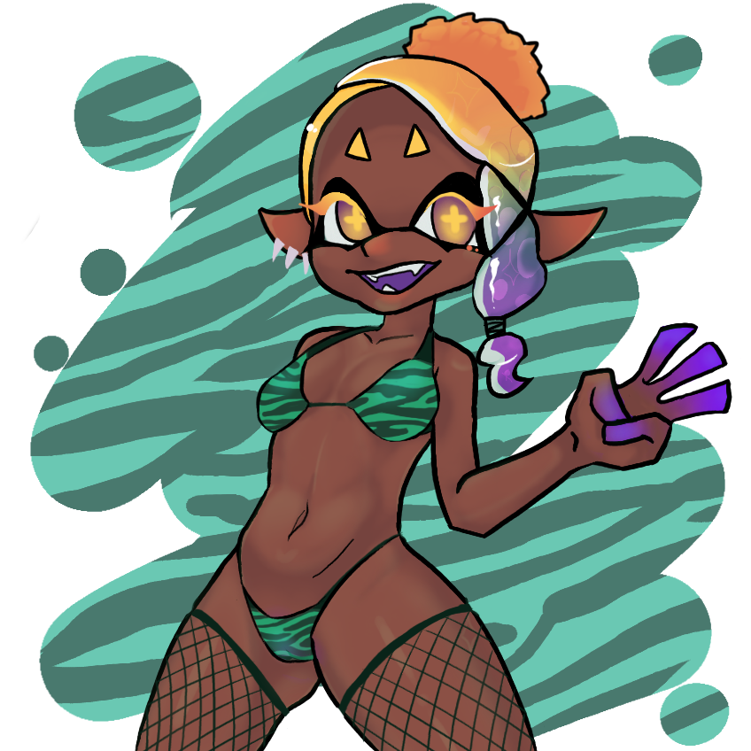 animal_humanoid animal_print bra breasts cephalopod cephalopod_humanoid clothing dark_body dark_skin ear_piercing eyelashes female fishnet frye_(splatoon) glistening glistening_body hair humanoid inkling looking_at_viewer marine marine_humanoid mollusk mollusk_humanoid multicolored_hair navel nintendo nsfwbunniii panties piercing pseudo_hair purple_fingers purple_mouth slim small_breasts smile solo splatoon underwear zebra_print