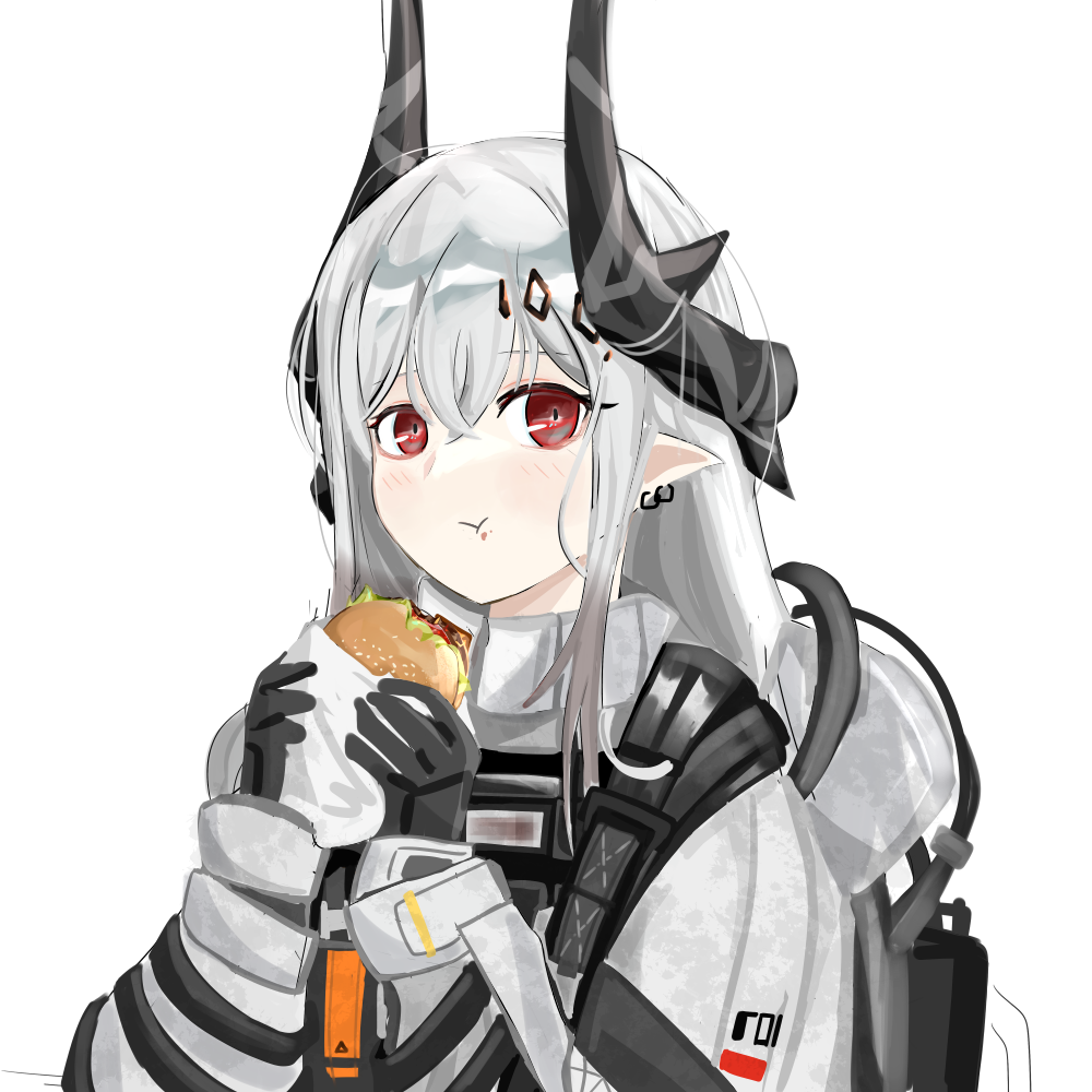 1girl :t arknights bad_hands black_gloves burger chewing commentary demon_girl demon_horns earrings food food_on_face gloves hair_ornament holding holding_food hood horns jewelry jumpsuit kyushi_(user_41158199) long_hair mudrock_(arknights) pointy_ears red_eyes solo upper_body white_hair white_jumpsuit wrapper