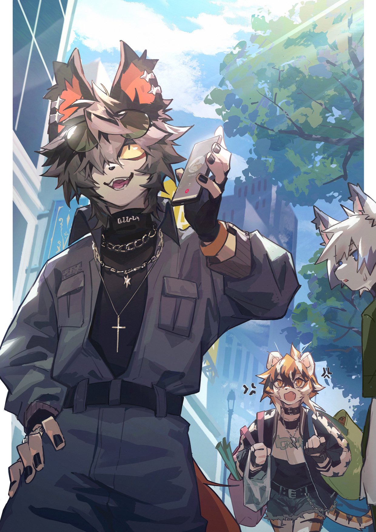 2023 5_fingers aak_(arknights) angry anthro arknights bag black_body black_fur black_hair cellphone city clothed clothing detailed_background domestic_cat eyewear felid feline felis female fingerless_gloves fingers fully_clothed fur glasses gloves group hair hair_over_eye handwear hi_res holding_bag holding_cellphone holding_object holding_phone holding_smartphone hypergryph male mammal multicolored_body multicolored_fur multicolored_hair one_eye_obstructed open_mouth overalls pantherine phone phone_call piercing smartphone striped_body striped_fur stripes studio_montagne tan_body tan_fur tiger trio waaifu_(arknights) white_body white_fur xxxxnil
