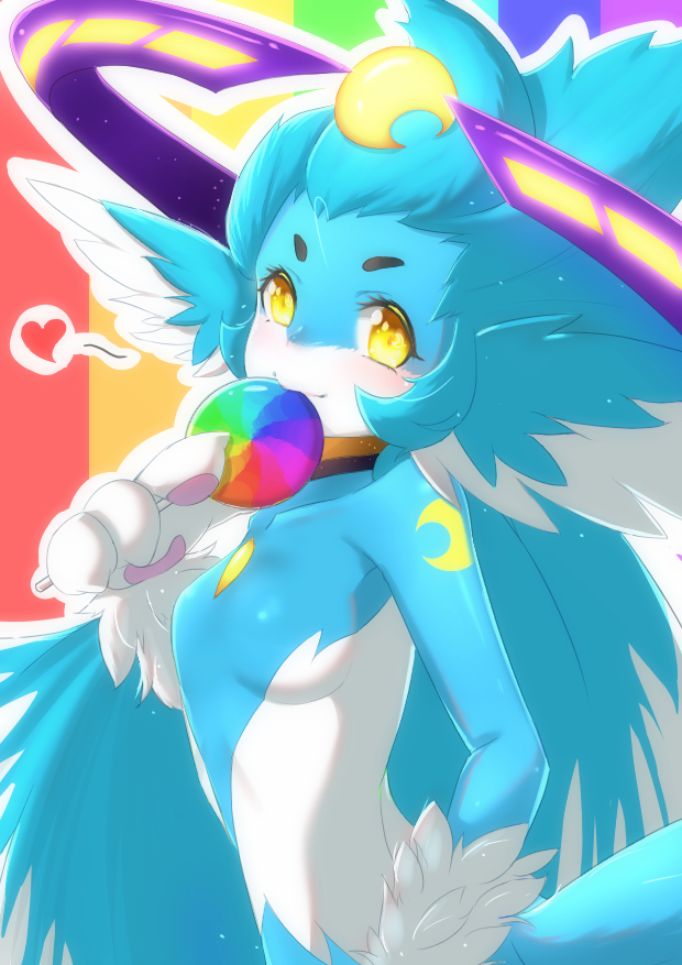 &lt;3 anthro blue_body blue_hair breasts candy crescent_(shape) dessert featureless_breasts female folding_wind_wing food hair lollipop qilame_(seer) rainbow_background simple_background solo unknown_species white_hair yellow_eyes