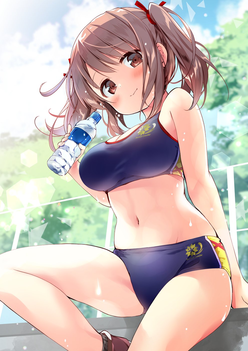 1girl blue_buruma blue_sports_bra blush bottle breasts brown_eyes brown_hair buruma cleavage commission highres knee_up long_hair looking_at_viewer nagayama_yuunon original outdoors ribbon sitting skeb_commission smile solo sports_bikini sports_bra thighs track_uniform twintails water_bottle