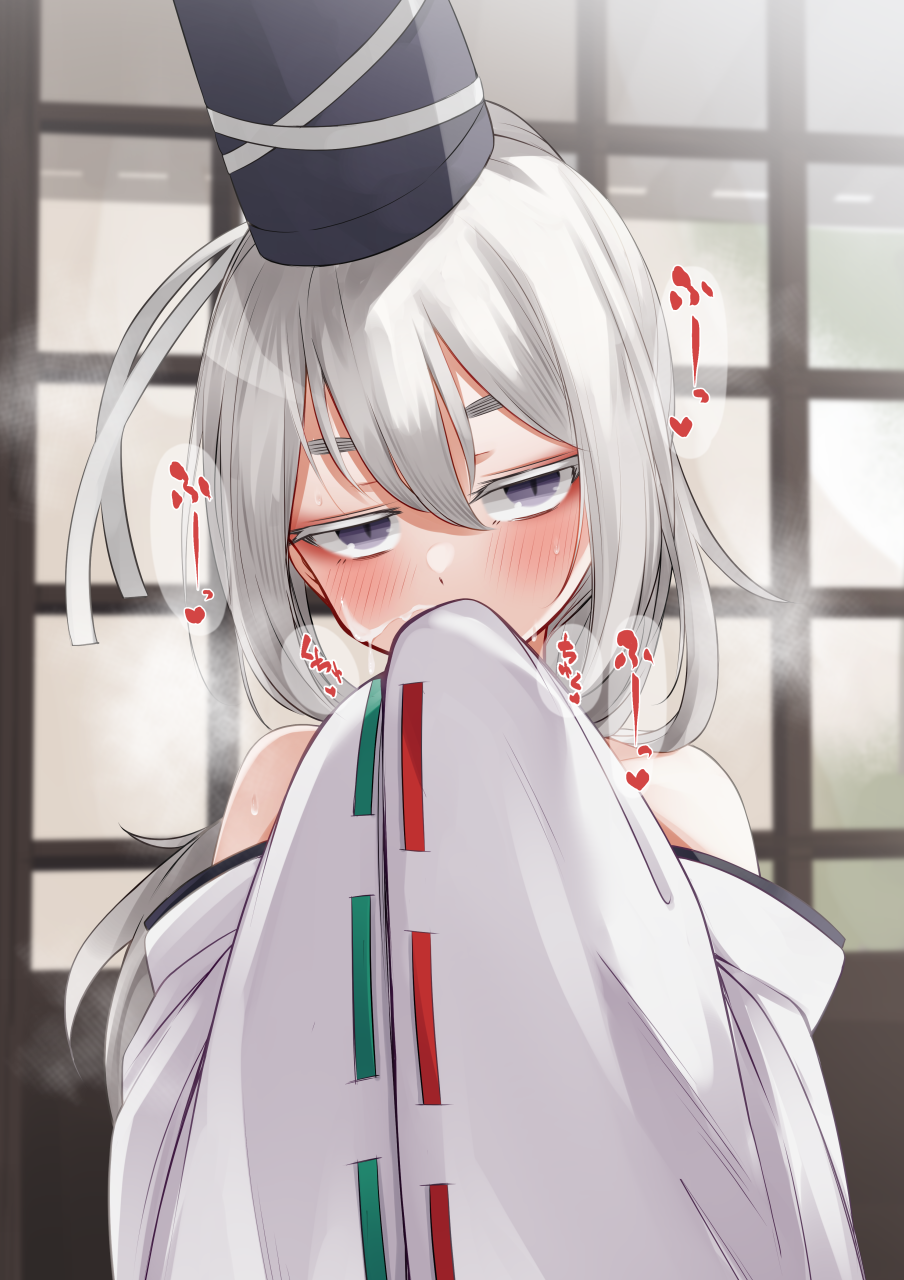 1girl bare_shoulders blurry blurry_background blush commentary_request covering_mouth cum detached_sleeves eyebrows_hidden_by_hair facial grey_eyes grey_hair hair_between_eyes half-closed_eyes hands_up hat head_tilt high_ponytail highres indoors long_hair momendoufu mononobe_no_futo sleeves_past_fingers sleeves_past_wrists solo sound_effects tate_eboshi touhou upper_body very_long_hair wide_sleeves