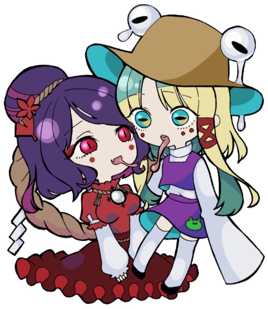 2girls :3 animal_print autumn_leaves black_footwear blonde_hair blue_eyes bow breasts brown_headwear chibi extra_eyes eyeshadow facial_tattoo fang forked_tongue frilled_shirt frilled_shirt_collar frilled_skirt frilled_sleeves frills frog frog_print hair_bow hair_bun hair_ornament hat horizontal_pupils jewelry juliet_sleeves layered_shirt leaf leaf_hair_ornament leaf_on_head long_hair long_skirt long_sleeves long_tongue makeup medium_hair mirror moriya_suwako multicolored_clothes multicolored_eyes multicolored_shirt multiple_girls necklace open_mouth puffy_long_sleeves puffy_sleeves purple_skirt purple_vest red_bow red_eyes red_shirt red_skirt rope rope_belt rope_necklace saliva shide shimenawa shirt shoes sidelocks simple_background single_hair_bun sitting skin_fang skirt smile sweater tattoo teeth thighhighs tongue tongue_out touhou turtleneck turtleneck_sweater upper_teeth_only vest wavy_hair white_background white_shirt white_sweater white_thighhighs whoru yasaka_kanako