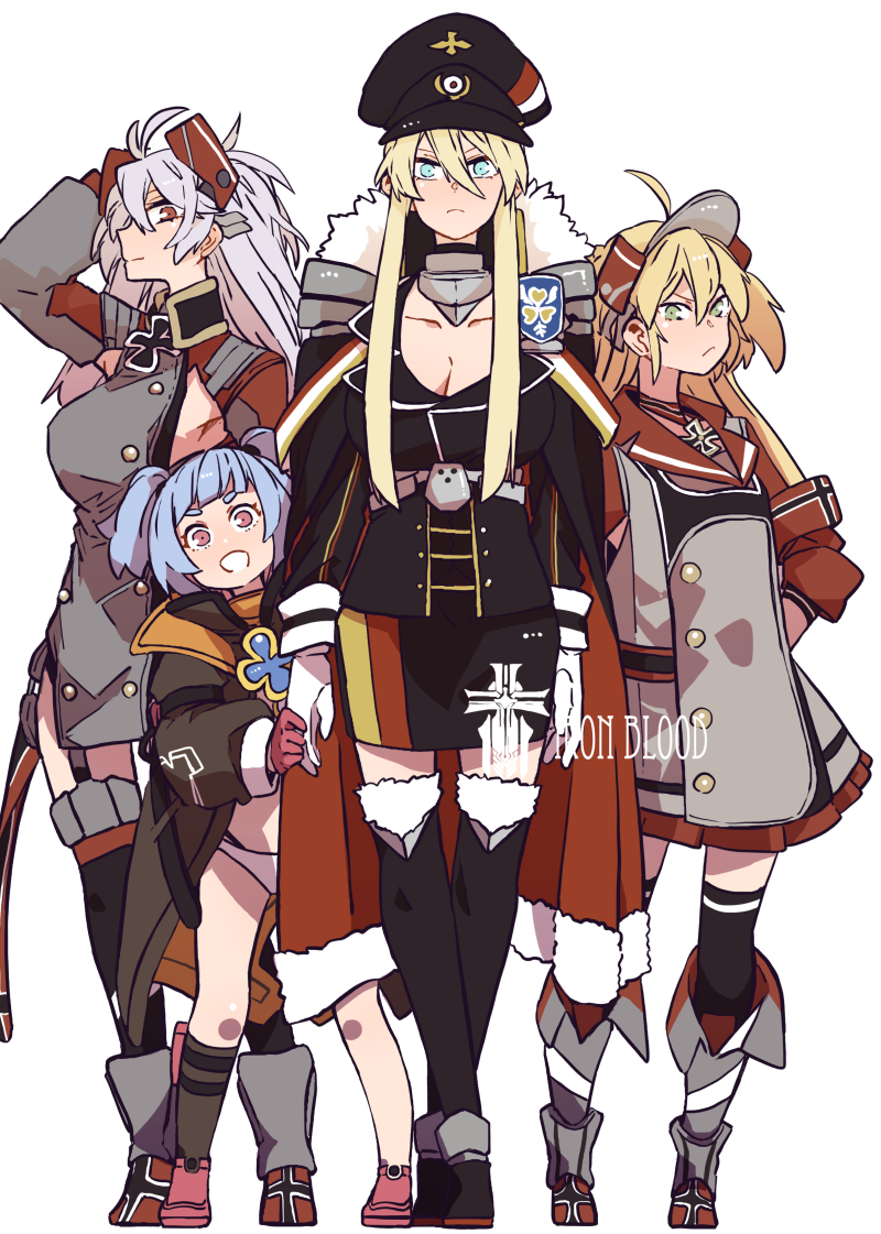 4girls admiral_hipper_(azur_lane) ahoge asuka_(junerabitts) azur_lane bismarck_(azur_lane) bismarck_(coat_of_arms) black_dress black_headwear blonde_hair blue_hair breasts cleavage closed_mouth collarbone cross dress full_body gloves grey_dress hair_between_eyes hat iron_blood_(emblem) iron_cross large_breasts long_hair looking_at_viewer military_uniform multiple_girls peaked_cap prinz_eugen_(azur_lane) red_gloves simple_background smile two_side_up u-556_(azur_lane) uniform white_background white_gloves white_hair