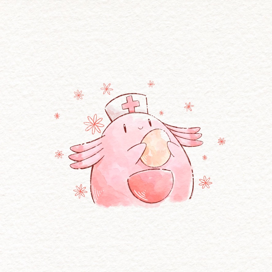 chansey colored_skin commentary_request egg hat holding holding_egg no_humans nurse_cap ototo_(otokameseimen) pink_skin pokemon pokemon_(creature) pouch simple_background smile solid_oval_eyes solo upper_body white_background