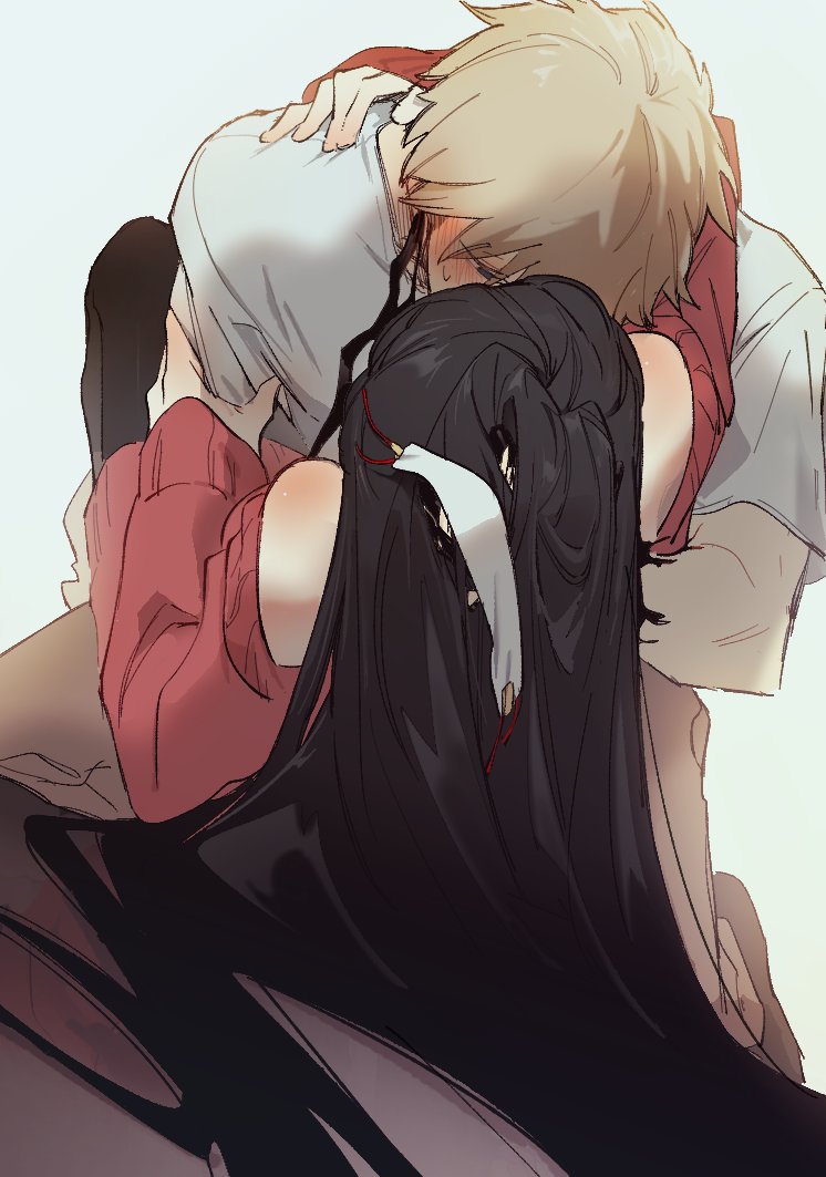 1boy 1girl bare_shoulders black_hair black_pantyhose blonde_hair blue_eyes blush boy_on_top brown_pants commentary_request couple eon_mang hairband hairband_removed hand_on_another's_head hetero hug korean_commentary long_hair long_sleeves looking_at_another lying on_back pants pantyhose red_sweater shirt short_sleeves simple_background spy_x_family sweatdrop sweater twilight_(spy_x_family) white_hairband white_shirt yor_briar