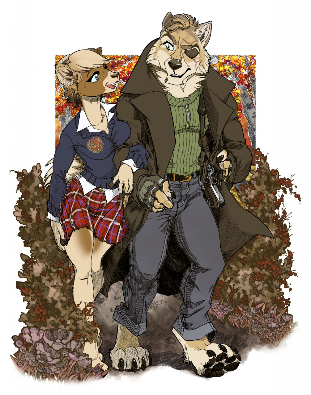 anthro ashley_rockwell bighorn_sheep bodyguard bodyguard_position bottomwear bovid canid canine canis caprine clayton_greymane clothing coat cockiestspaniel college_student duo eye_patch eye_scar eyewear facial_scar female from_behind_position grizzlygus hi_res male male/female mammal overcoat scar school_uniform sex sheep shoulder_holster skirt standing standing_sex topwear trenchcoat uniform wolf wrapped_arms