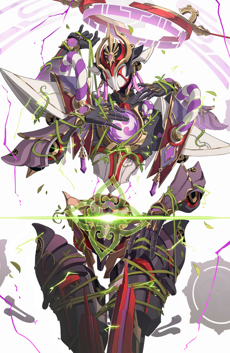 bound electricity extra_arms genshin_impact glowing halo hei_lang highres mecha mitsudomoe_(shape) no_humans plant robot rope scaramouche_(genshin_impact) scaramouche_(shouki_no_kami)_(genshin_impact) shimenawa simple_background solo tomoe_(symbol) vines white_background