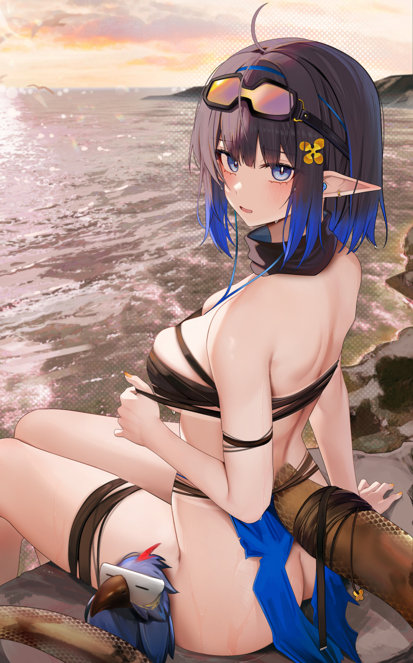 1girl ahoge arknights ass bandeau bird black_bandeau blue_eyes blush bottomless breasts dawn ear_piercing earbuds earphones eunectes_(arknights) flower from_behind goggles goggles_on_head hair_flower hair_ornament hairband high_priest_(arknights) highres looking_at_viewer medium_breasts multicolored_hair orange_nails outdoors piercing pointy_ears ru_zhai short_hair sidelocks sitting snake_tail solo streaked_hair tail water wet