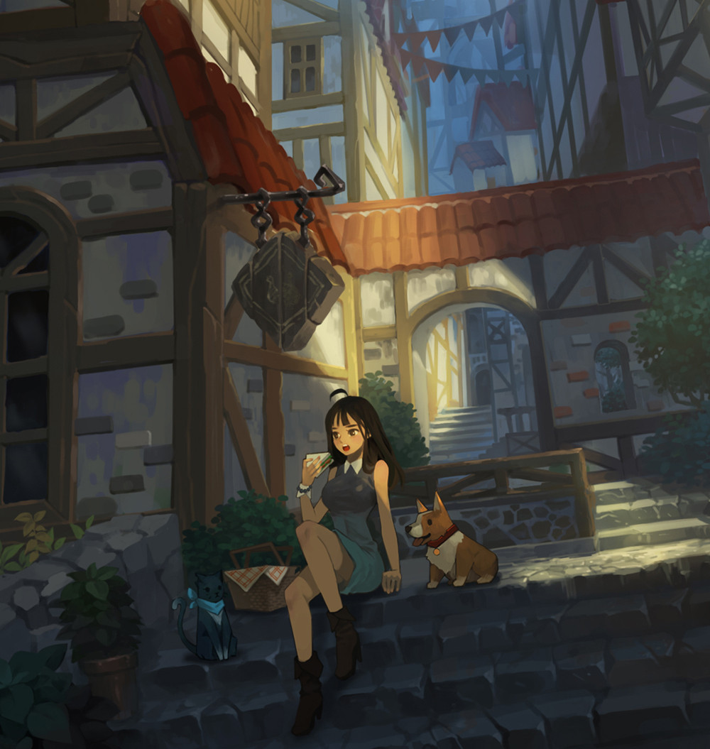 1girl ahoge animal animal_collar ankle_boots architecture atmospheric_perspective bare_arms bead_bracelet beads black_hair blue_scarf blunt_bangs boots bracelet brown_footwear building bush chimney clothed_animal cobblestone collar collared_dress commentary ddubu dress eating european_architecture fence food half-timbered hand_on_ground high_heel_boots high_heels holding holding_food house jewelry knee_up light open_mouth original outdoors perspective picnic_basket plant potted_plant sandwich scarf scenery sett shade single_wrist_cuff sitting sitting_on_stairs sleeveless sleeveless_dress stairs stone_stairs straight_hair string_of_flags sunlight teeth tile_roof tongue tongue_out town tree upper_teeth_only white_wrist_cuffs wide_shot window wing_collar wrist_cuffs zooming_in