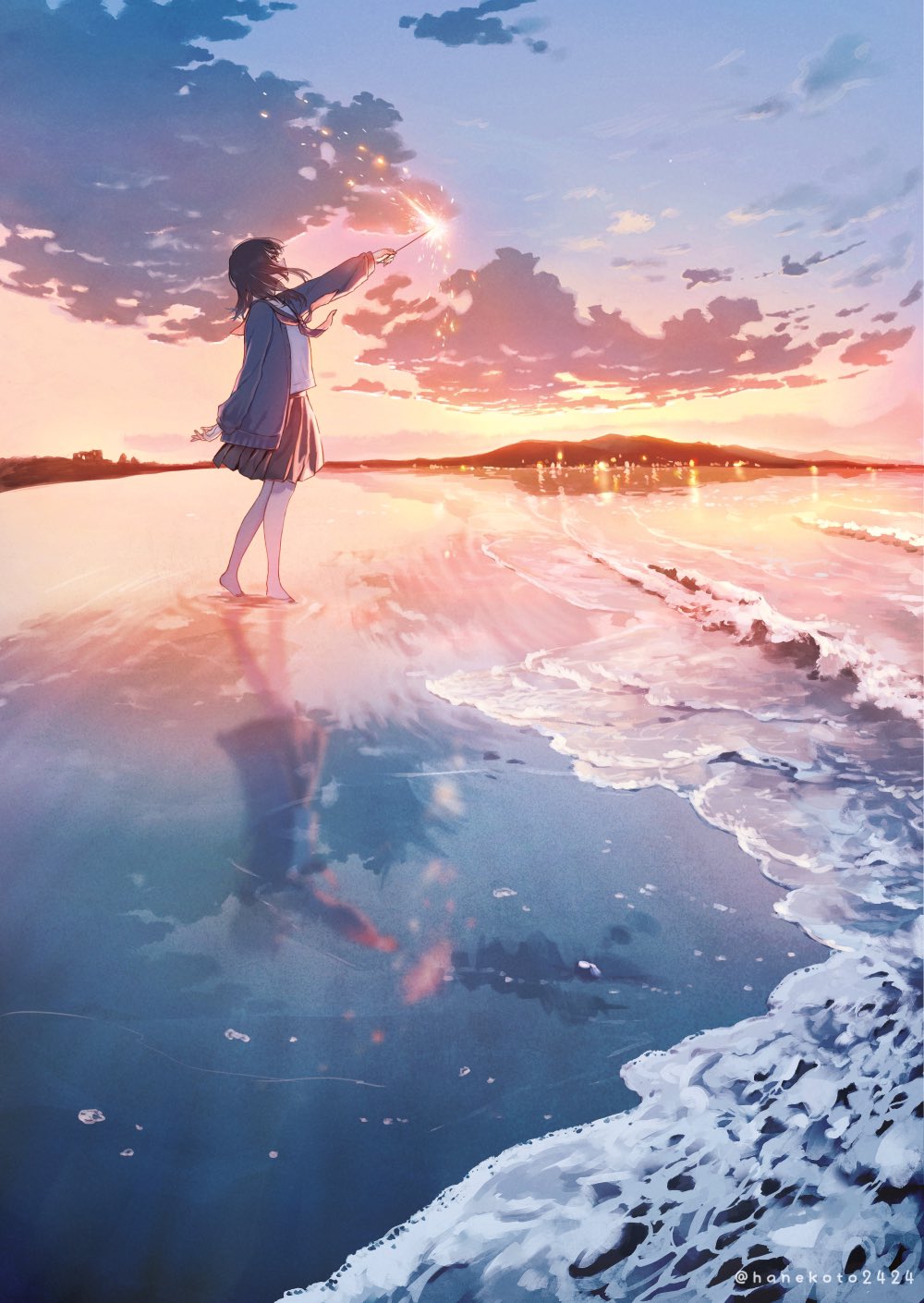 1girl barefoot beach black_hair cardigan cloud cloudy_sky from_side full_body gradient_sky hanekoto highres holding_fireworks long_hair mountainous_horizon ocean open_cardigan open_clothes original outdoors pleated_skirt reflection reflective_water skirt sky solo twitter_username wading