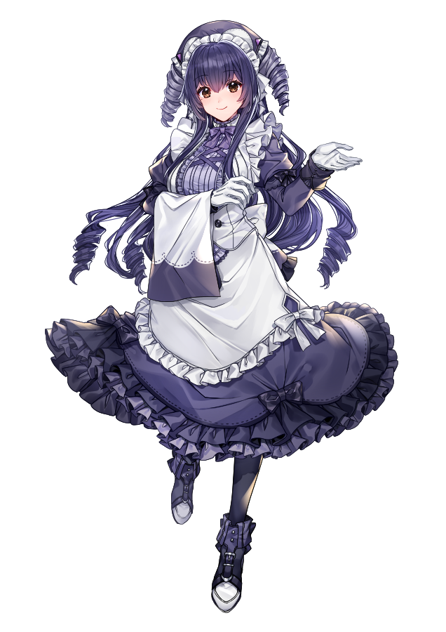 1girl apron back_bow black_bow black_pantyhose bow bowtie breasts brown_eyes center_frills closed_mouth dress drill_hair frilled_apron frilled_dress frills gloves hair_between_eyes indeedee indeedee_(female) juliet_sleeves katagiri_hachigou large_breasts long_hair long_sleeves looking_at_viewer mole mole_under_eye pantyhose personification pokemon puffy_sleeves purple_bow purple_bowtie purple_dress purple_hair purple_headwear simple_background sleeve_bow smile solo white_apron white_background white_bow white_gloves