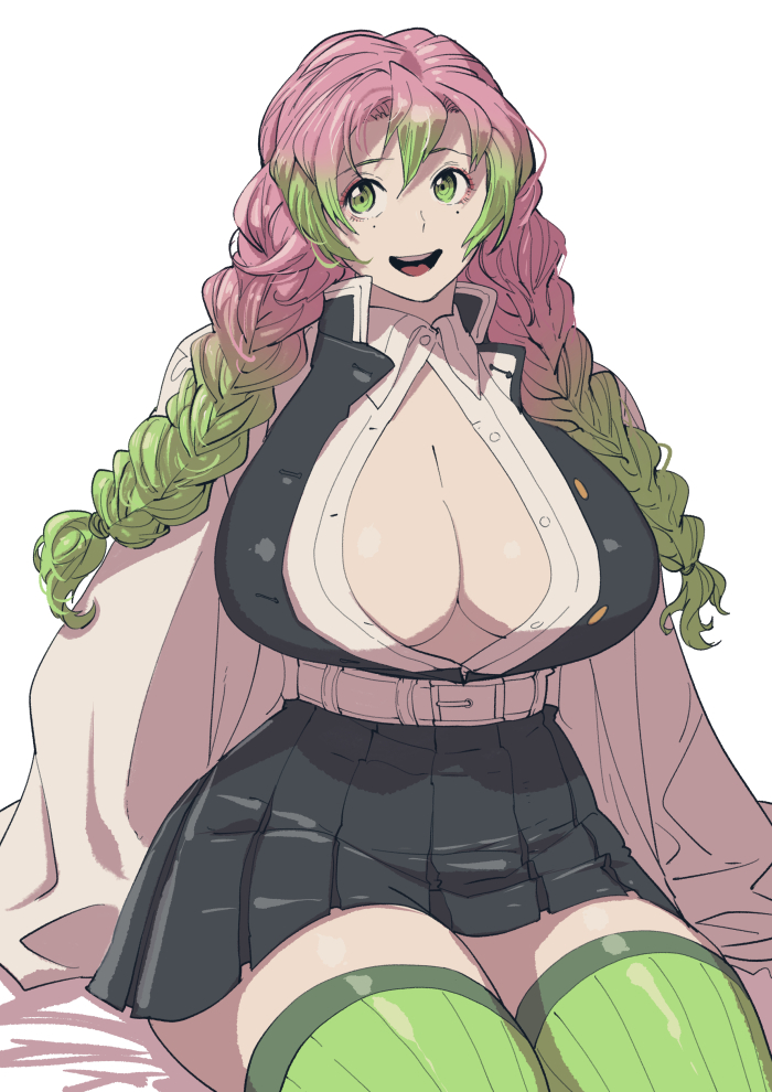 1girl arms_at_sides belt braid breasts butcherboy center_opening collared_shirt curvy demon_slayer_uniform double-parted_bangs gradient_hair green_eyes green_hair green_thighhighs hair_between_eyes haori huge_breasts japanese_clothes kanroji_mitsuri kimetsu_no_yaiba long_hair looking_at_viewer miniskirt mole mole_under_eye multicolored_hair no_bra open_mouth partially_unbuttoned pink_hair pleated_skirt ribbed_thighhighs ringed_eyes shirt sitting skirt smile solo thighhighs tongue twin_braids two-tone_hair very_long_hair white_belt wing_collar zettai_ryouiki