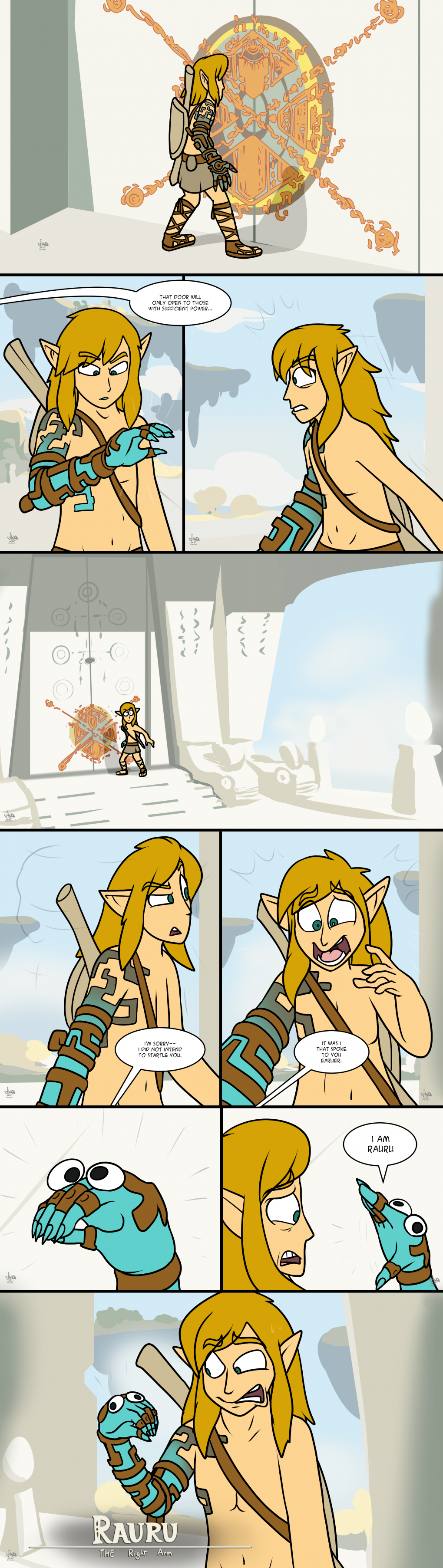 absurd_res blonde_hair bottomwear clothed clothing comic english_text glowing googly_eyes hair hi_res humanoid humanoid_pointy_ears hylian jamearts legwear link male nails navel nintendo open_mouth rauru's_arm rauru_(tears_of_the_kingdom) shield shocked solo speech_bubble stick tears_of_the_kingdom teeth temple text the_legend_of_zelda topless