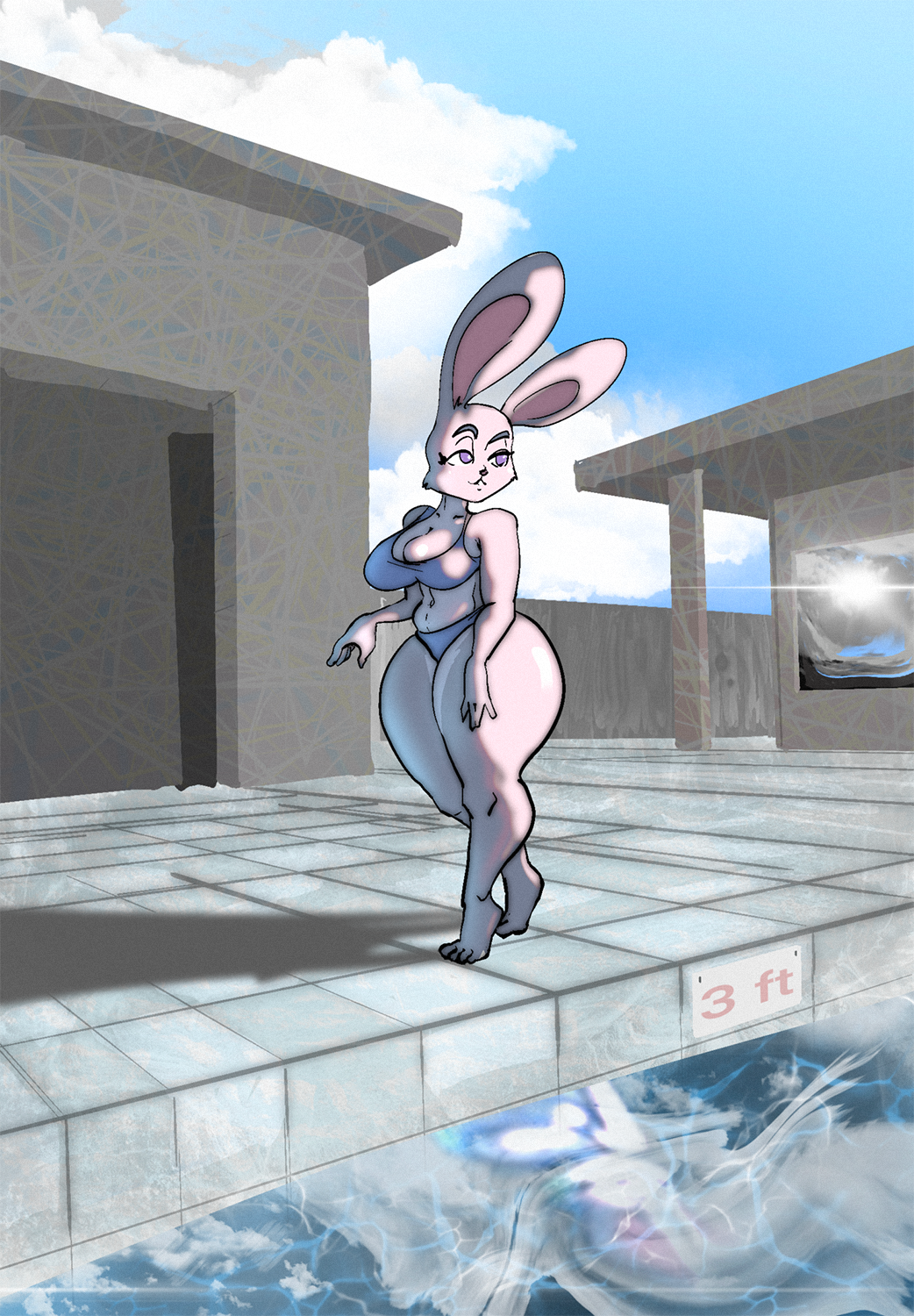 anthro belly big_breasts big_butt bigoldoinks bikini breasts butt clothing curvy_figure disney female hi_res huge_butt huge_hips huge_thighs judy_hopps lagomorph leporid mammal midriff rabbit slightly_chubby solo swimming_pool swimwear thick_thighs tight_fit voluptuous wide_hips zootopia