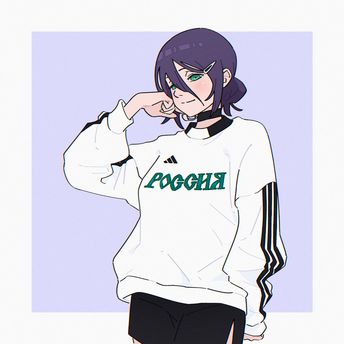 1girl adidas black_choker black_shorts chainsaw_man choker green_eyes grenade_pin hair_between_eyes hair_bun hair_ornament hairpin highres hood hoodie hoshi_oho medium_hair purple_background purple_hair reze_(chainsaw_man) russia russian_text shorts simple_background single_hair_bun solo white_hoodie