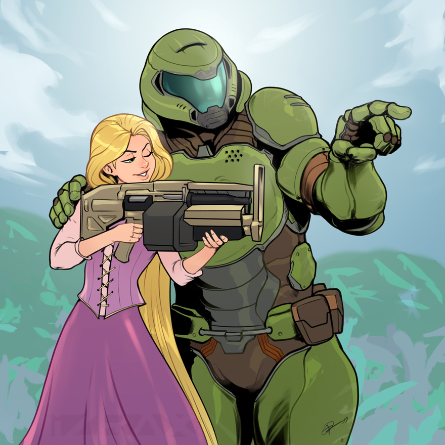 1boy 1girl aiming armor assault_rifle assault_visor blonde_hair commentary commission cowboy_shot crossover day doom_(2016) doom_(series) doomguy dress english_commentary gun hand_on_another's_shoulder heavy_machine_gun helmet izra long_hair long_skirt machine_gun one_eye_closed outdoors pointing praetor_suit purple_dress purple_skirt rapunzel_(disney) rifle signature skirt tangled teaching very_long_hair weapon