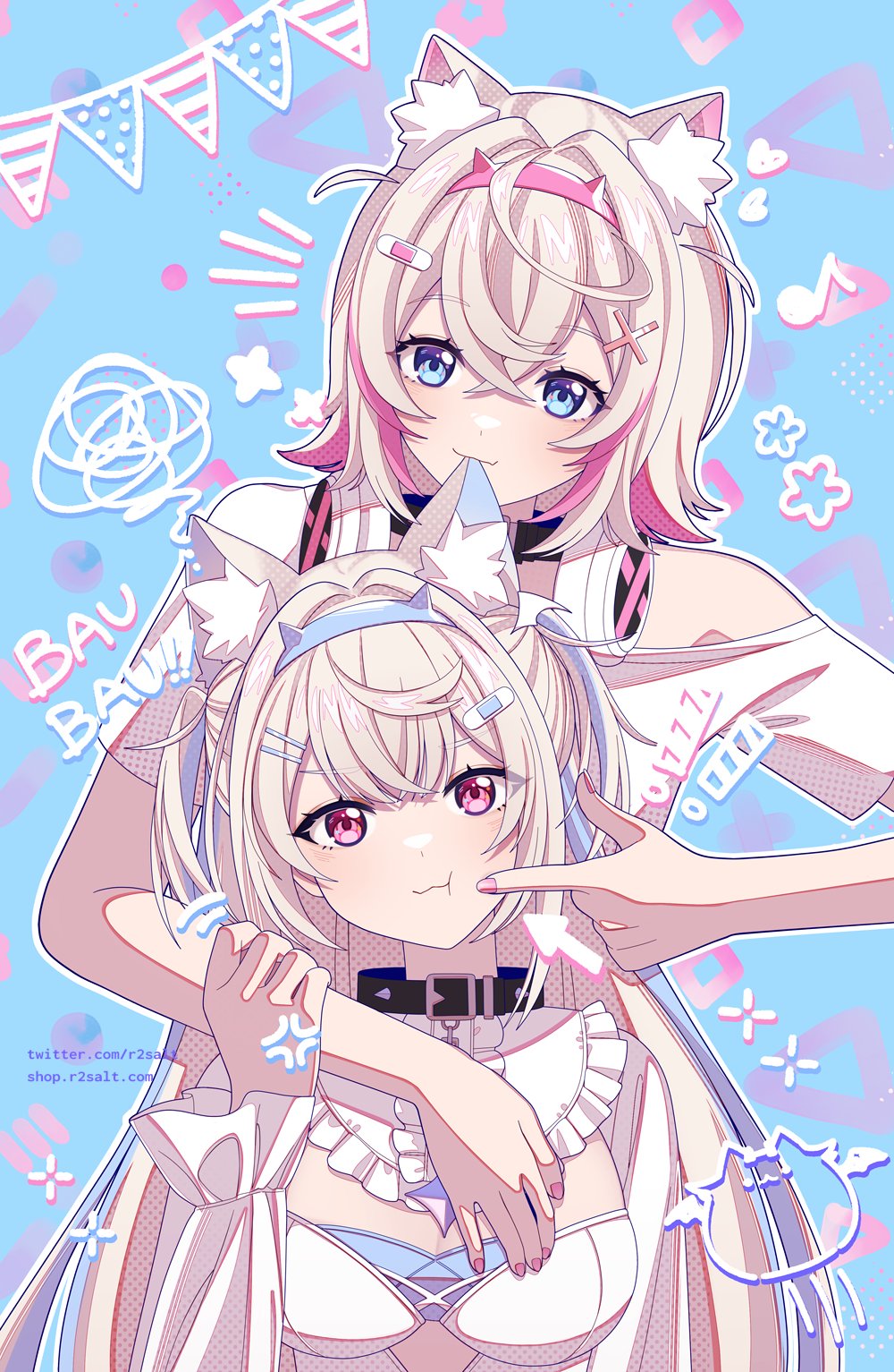 ! 2girls :3 animal_ear_fluff animal_ears arrow_(symbol) biting black_collar blonde_hair blue_background blue_eyes blue_hair blue_hairband cheek_poking collar dog_ears dog_girl ear_biting frills fuwawa_abyssgard hair_between_eyes hair_intakes hair_ornament hairband hairclip headphones headphones_around_neck highres hololive hololive_english long_hair long_sleeves mococo_abyssgard multicolored_hair multiple_girls off-shoulder_shirt off_shoulder perroccino_(fuwamoco) pink_eyes pink_hair pink_hairband poking r2salt scribble shirt short_hair short_sleeves siblings sisters spiked_collar spikes streaked_hair streamers twins two_side_up virtual_youtuber white_shirt x_hair_ornament