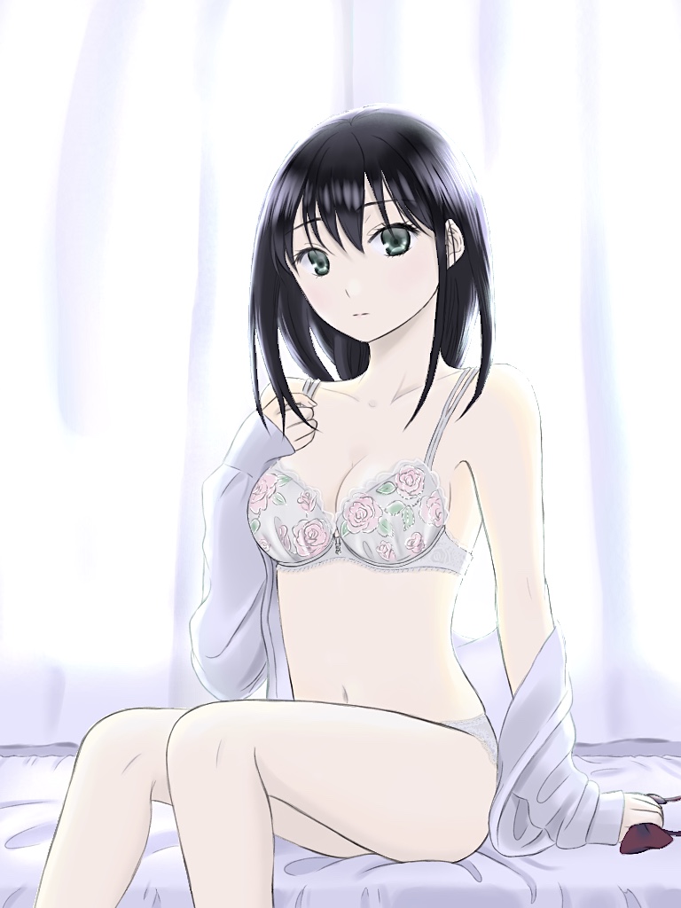 1girl backlighting bed black_bow black_bowtie black_eyes black_hair bow bowtie bowtie_removed bra breasts cleavage closed_mouth commentary_request curtains dress_shirt floral_print holding indoors lace-trimmed_bra lace_trim light_frown long_sleeves looking_at_viewer medium_breasts medium_hair navel no_pants off_shoulder on_bed open_clothes open_shirt original osumi_izumi pale_skin panties print_bra shirt sitting solo underwear white_bra white_panties white_shirt