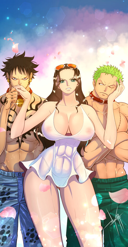 1girl 2boys bell black_hair blue_eyes breasts chest_tattoo closed_mouth collar crossed_arms elizagm eyewear_on_head green_hair jingle_bell kiss kissing_hand long_hair looking_at_viewer multiple_boys muscular muscular_male nico_robin one_eye_closed one_piece roronoa_zoro scar scar_across_eye scar_on_chest scar_on_face short_hair spiked_collar spikes sunglasses tattoo teeth trafalgar_law