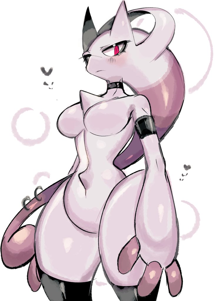 1girl armlet black_thighhighs blush breasts closed_mouth cowboy_shot heart looking_at_viewer mega_mewtwo_y mega_pokemon mewtwo pokemon pokemon_(creature) red_eyes simple_background solo standing thighhighs usa37107692 white_background