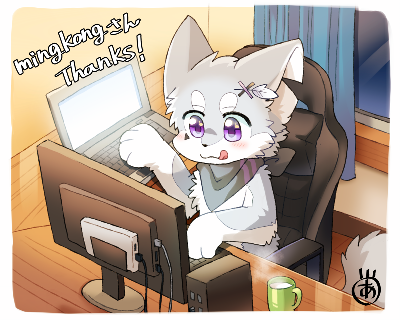 accessory anthro ayaka beverage blush canid canine computer computer_keyboard computer_monitor countershading english_text fur grey_body grey_fur hair_accessory hairpin inside laptop looking_at_computer looking_at_object mammal mug notched_ear scarf signature sitting smile solo text tongue tongue_out white_body white_fur