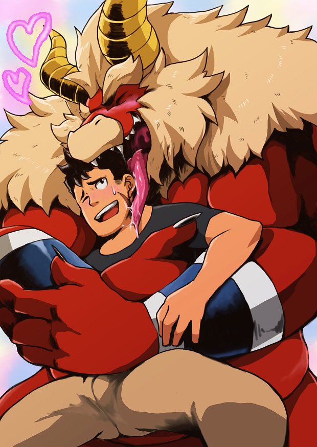 2boys bara beard black_hair blush clothed_male_nude_male colored_skin curled_horns dragon_horns facial_hair feet_out_of_frame forked_eyebrows from_below furry furry_male furry_with_non-furry gardie_(otsukimi) happy heart horns hug hug_from_behind huge_eyebrows interspecies kouhei_(otsukimi) large_hands licking licking_another's_cheek licking_another's_face lion_hair long_tongue male_focus multiple_boys muscular muscular_male nude one_eye_closed original otsukimi red_skin short_hair sideburns sideburns_stubble size_difference smile thick_eyebrows tongue topless_male yaoi