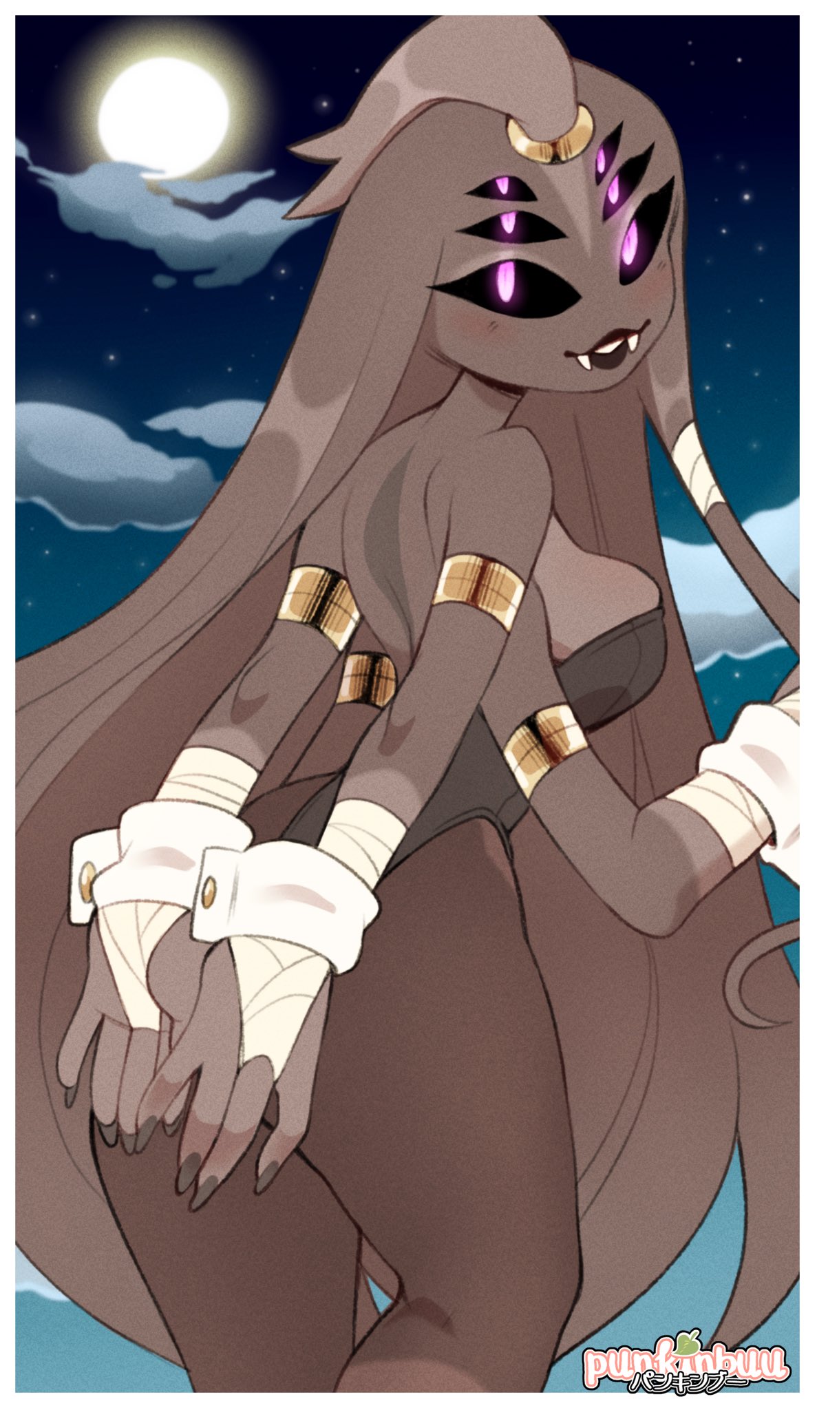 4_arms 6_eyes anthro arachnid armband arthropod big_breasts breasts brown_body brown_fur brown_hair claws clothing cuff_links digital_media_(artwork) fangs female fingers full_moon fur hair hi_res jewelry leotard long_hair looking_at_viewer looking_back moon multi_arm multi_eye multi_limb night outside plant punkinbuu side_boob sky smile solo spider teeth