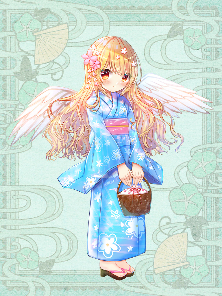 1girl astra_dewprism basket blonde_hair blue_kimono blush floral_print flower full_body green_background hair_flower hair_ornament japanese_clothes kerberos_blade kimono kohaku_muro long_hair looking_at_viewer obi orange_eyes sash smile solo standing white_wings wings yukata