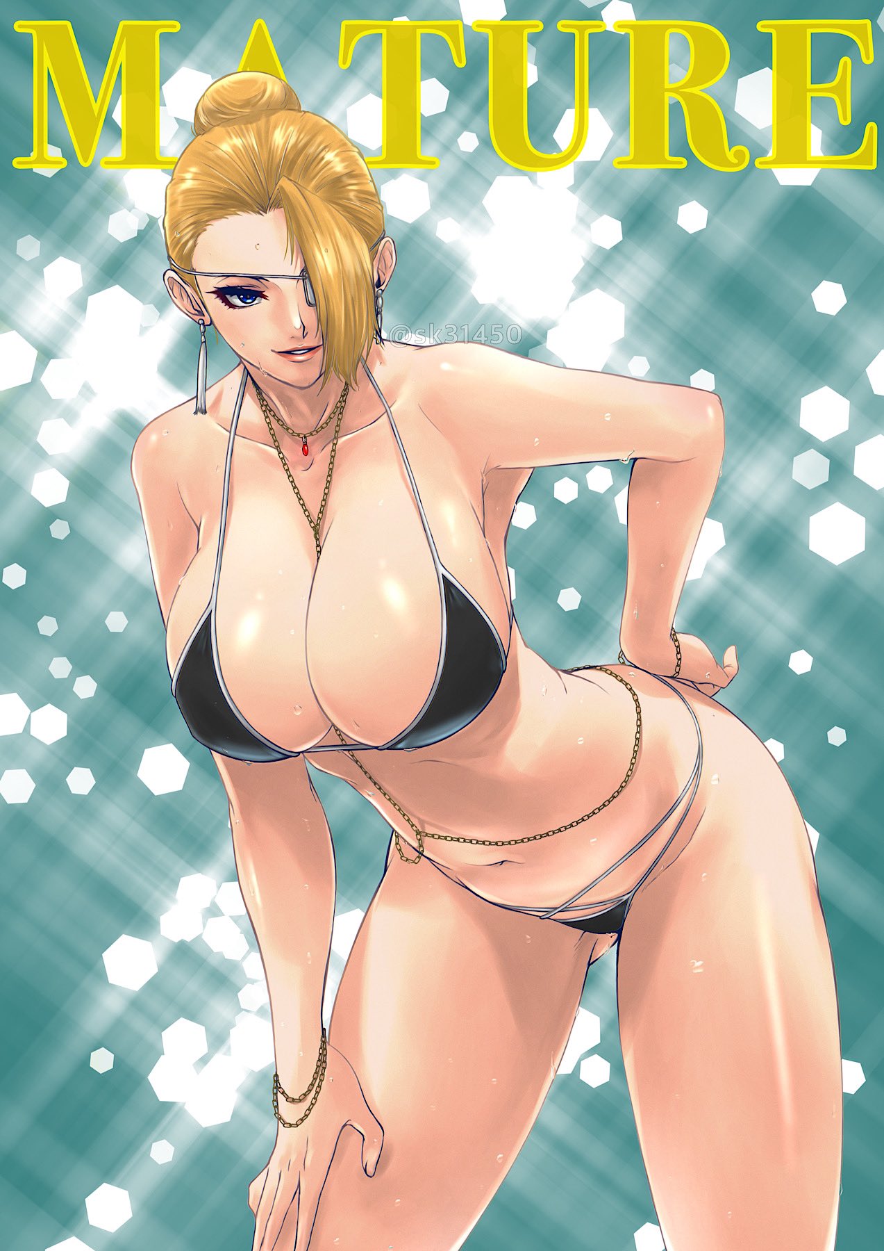 1girl artist_name bare_shoulders bikini blonde_hair blue_eyes breasts character_name cleavage collarbone commentary_request earrings eyepatch hair_bun hand_on_own_hip highres jewelry large_breasts leaning_forward lips mature_(kof) navel necklace parted_lips shiny_skin signature simple_background sk_(sk-g) smile stomach swimsuit the_king_of_fighters the_king_of_fighters_'96 thighs water water_drop wet