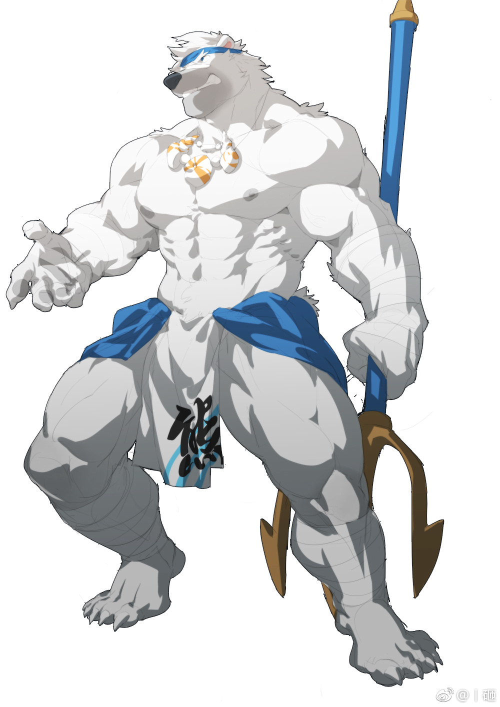 1boy bandaid bandaid_on_face bandaid_on_nose bara bear_boy ben_(rollingstonex6) blue_headband forearms frown full_body furry furry_male headband highres holding holding_polearm holding_weapon jewelry large_pectorals looking_ahead male_focus mature_male muscular muscular_male necklace original pectorals pelvic_curtain polearm rollingstonex6 serious shell_necklace short_hair solo standing thick_eyebrows trident weapon white_fur white_hair