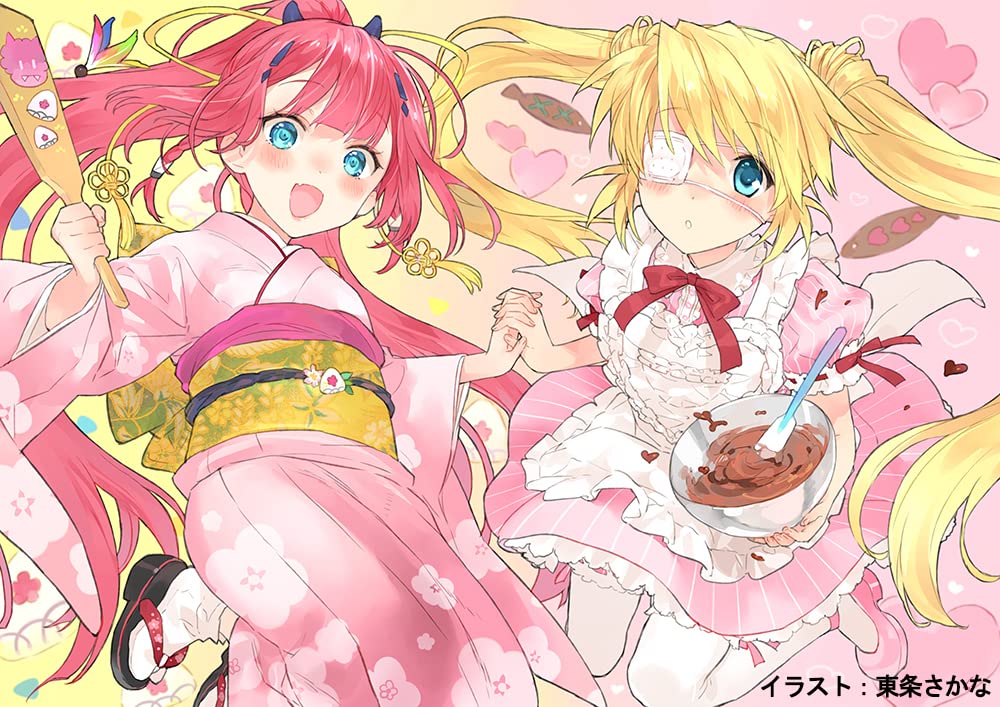 2girls :d alternate_costume apron aqua_eyes blonde_hair blunt_bangs blush braid cherry_blossom_print chocolate company_connection crossover dress enmaided expressionless eyelashes eyepatch fang feet_out_of_frame floating_hair floral_print frilled_apron frilled_sleeves frills geta hair_between_eyes hair_ornament hairclip hairstyle_connection hand_up happy holding holding_cooking_pot holding_hands holding_racket interlocked_fingers japanese_clothes kamiyama_shiki key_(company) kimono long_hair long_sleeves looking_at_viewer maid maid_apron mary_janes medical_eyepatch midair multiple_girls nakatsu_shizuru one_eye_covered open_mouth parted_lips pink_dress pink_footwear pink_kimono pinstripe_dress pinstripe_pattern ponytail puffy_short_sleeves puffy_sleeves racket red_hair red_ribbon rewrite ribbon ribbon-trimmed_sleeves ribbon_trim sash shoes short_sleeves smile straight_hair striped summer_pockets tabi tassel tassel_hair_ornament third-party_source toujou_sakana twin_braids twintails very_long_hair white_apron wide_sleeves yellow_sash
