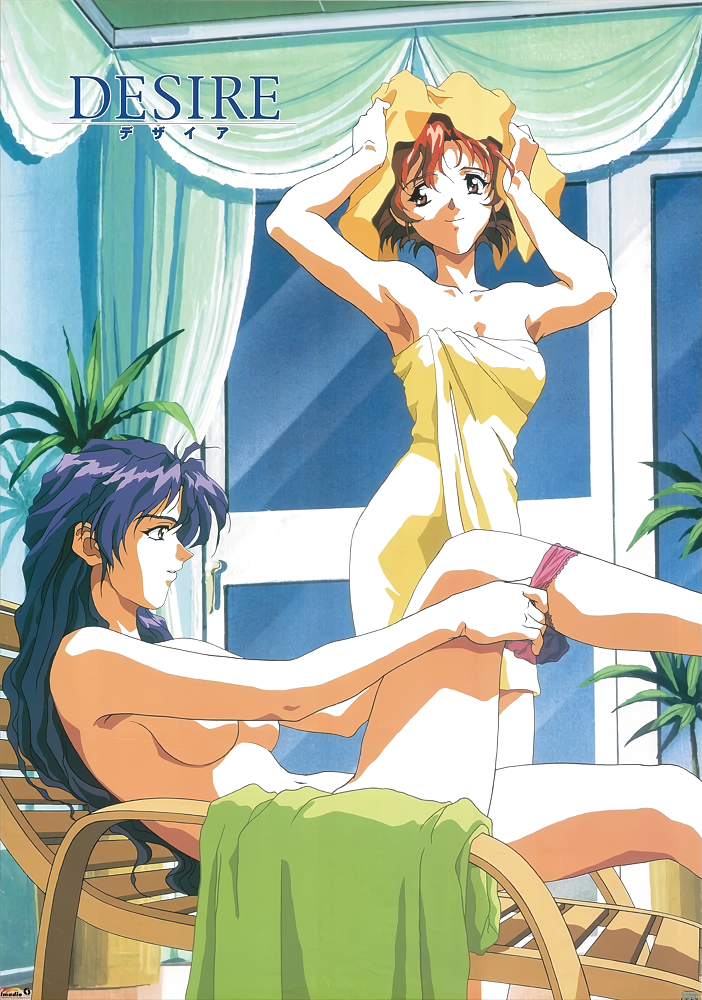 1990s_(style) 2girls arms_up bare_shoulders beach_chair blue_hair breasts convenient_arm copyright_name desire_(c's_ware) indoors long_hair multiple_girls naked_towel non-web_source nude official_art panties panty_pull profile reclining red_eyes red_hair retro_artstyle short_hair smile standing towel towel_on_head underwear