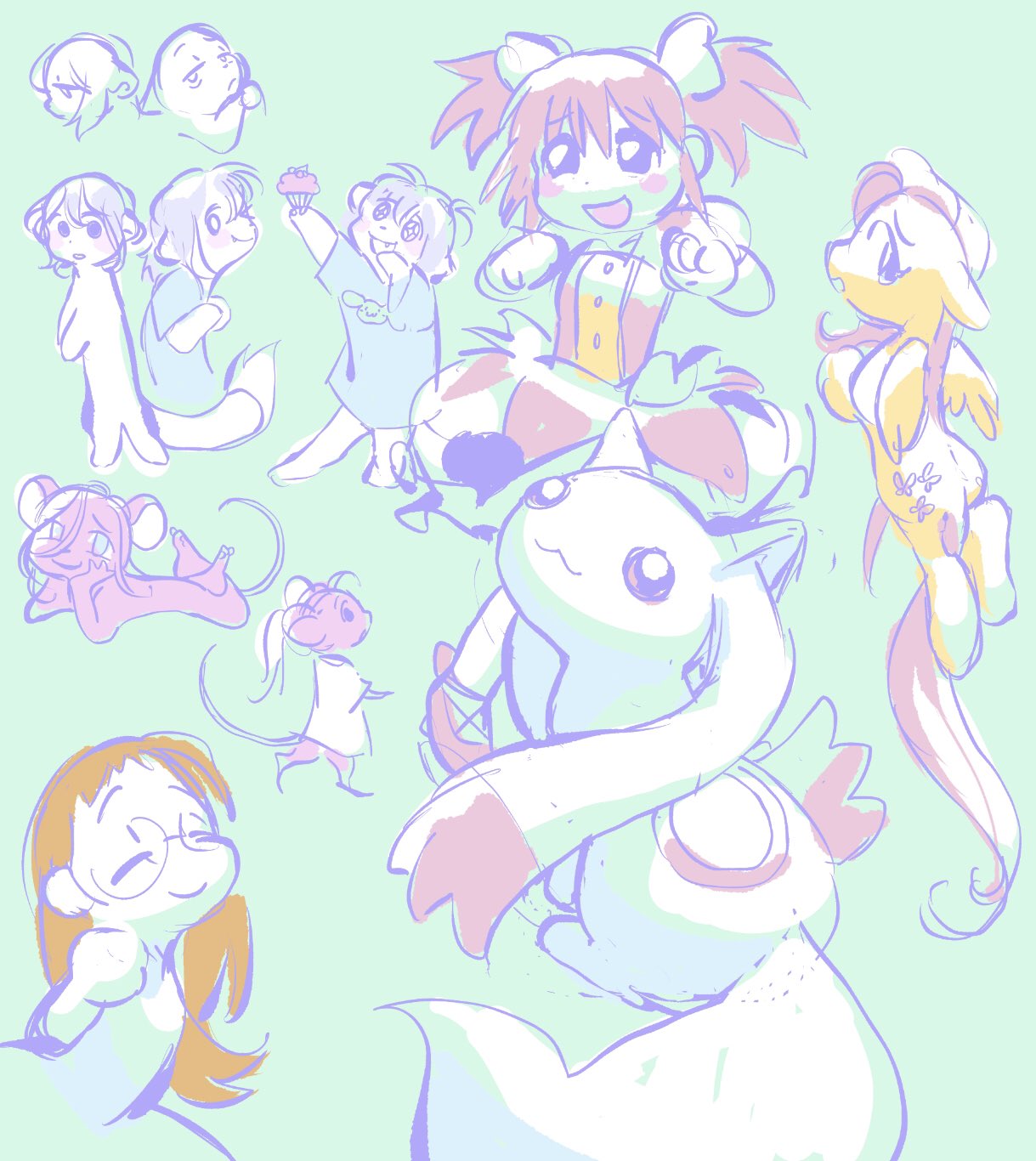 ambiguous_gender clothed clothing dokudrinker equid equine female feral fluttershy_(mlp) friendship_is_magic hasbro hi_res human kyubey madoka_kaname mahou_shoujo_madoka_magica mammal mouse murid murine mustelid musteline my_little_pony pegasus puella_magi rodent sketch stoat true_musteline weasel wings