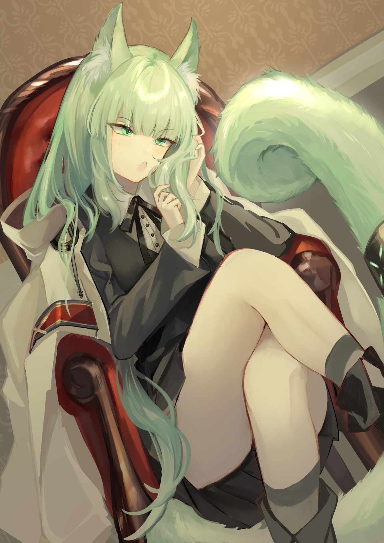 1girl animal_ear_fluff animal_ears annoyed arknights black_bow black_bowtie black_shorts bow bowtie buttons card cardigan cat_ears cat_girl cat_tail chain coat collared_shirt commentary dutch_angle feet_out_of_frame green_eyes green_hair grey_cardigan hand_on_own_head harmonie_(arknights) head_tilt hemorina highres indoors infection_monitor_(arknights) knees_up long_hair looking_to_the_side open_clothes open_coat open_mouth playing_with_own_hair shirt shorts sidelocks sitting solo tail tail_belt white_coat white_shirt