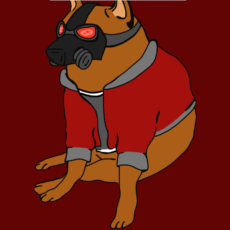 canid canine canis cheems clothing dogelore domestic_dog feral gas_mask hoodie male mammal mask meme naysayingmongrel red_clothing red_eyes simple_background solo topwear